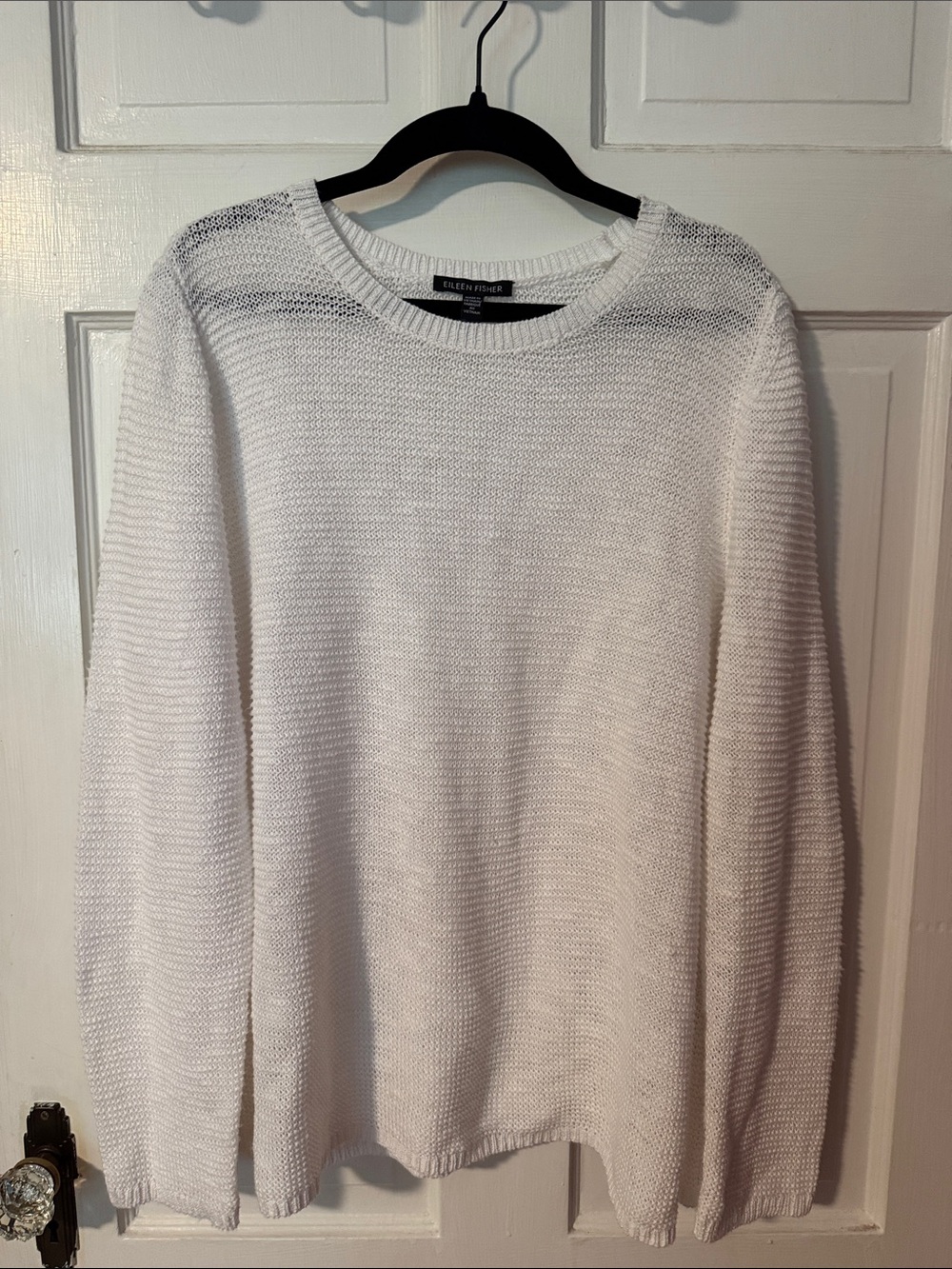 Eileen Fisher Organic Linen Cotton Mesh Crew Neck Lightweight Sweater Sz L white